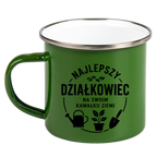 Kubek emaliowany zielony z nadrukiem „Najlepszy działkowiec na swoim kawałku ziemi” – działka, ogród #5