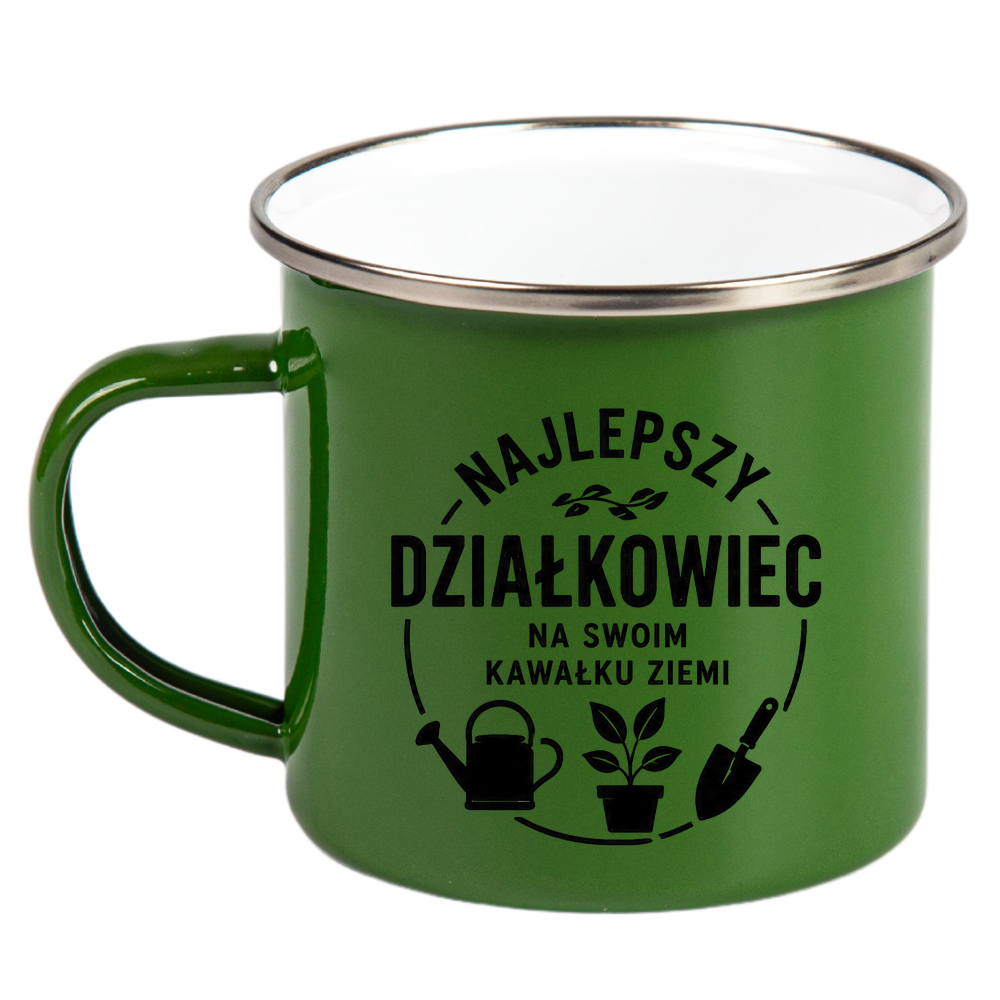 Kubek emaliowany zielony z nadrukiem „Najlepszy działkowiec na swoim kawałku ziemi” – działka, ogród #5
