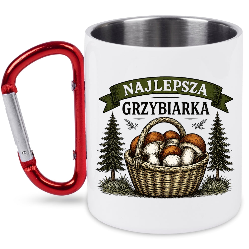 Kubek biały z czerwonym karabińczykiem „Najlepsza Grzybiarka” z imieniem do wyboru – na grzyby #6