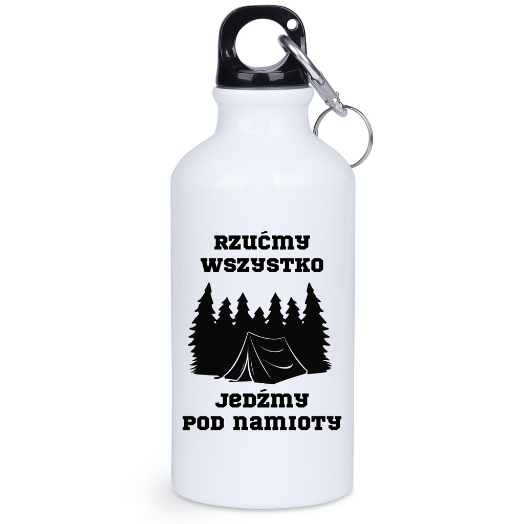 Butelka biała 400 ml z nadrukiem „Rzućmy wszystko, jedźmy pod namioty” – camping, namiot #10