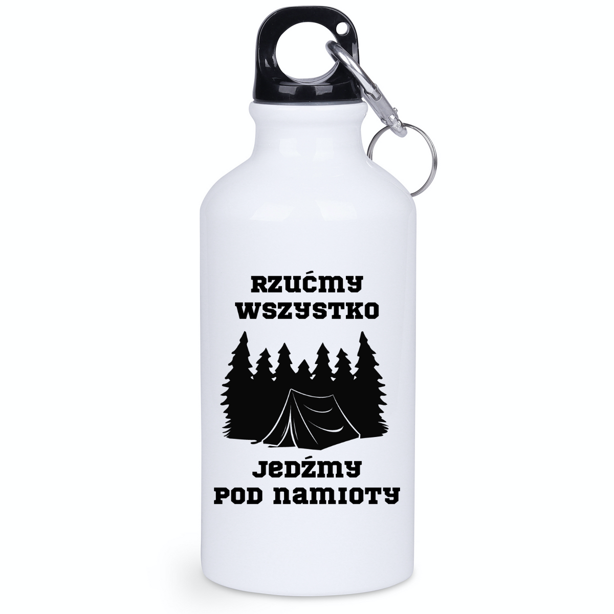 Butelka biała 400 ml z nadrukiem „Rzućmy wszystko, jedźmy pod namioty” – camping, namiot #10