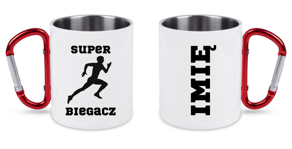 Kubek biały z czerwonym karabińczykiem z nadrukiem "Super Biegacz" – bieganie #7