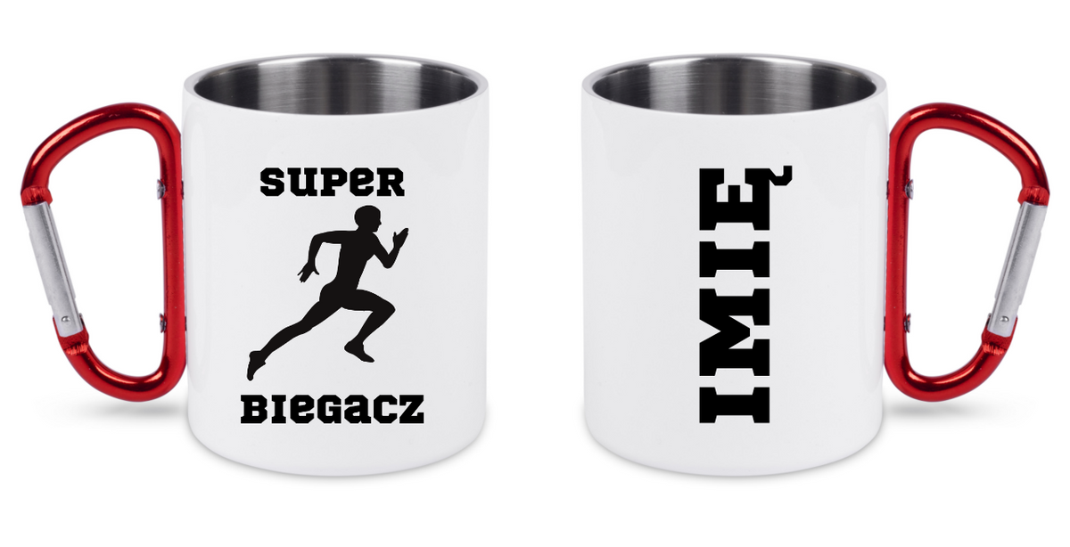 Kubek biały z czerwonym karabińczykiem z nadrukiem "Super Biegacz" – bieganie #7