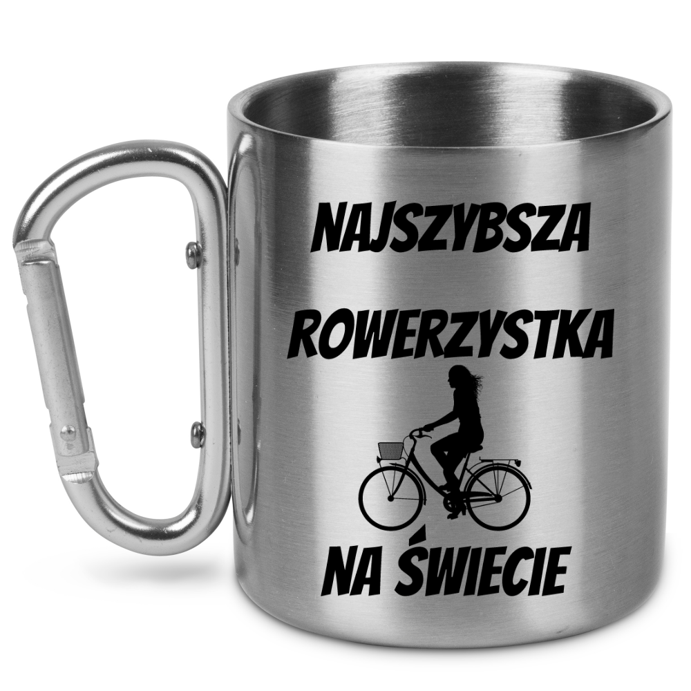 Kubek ze srebrnym karabińczykiem z nadrukiem „Najlepsza rowerzystka na świecie” – dla rowerzystki #1
