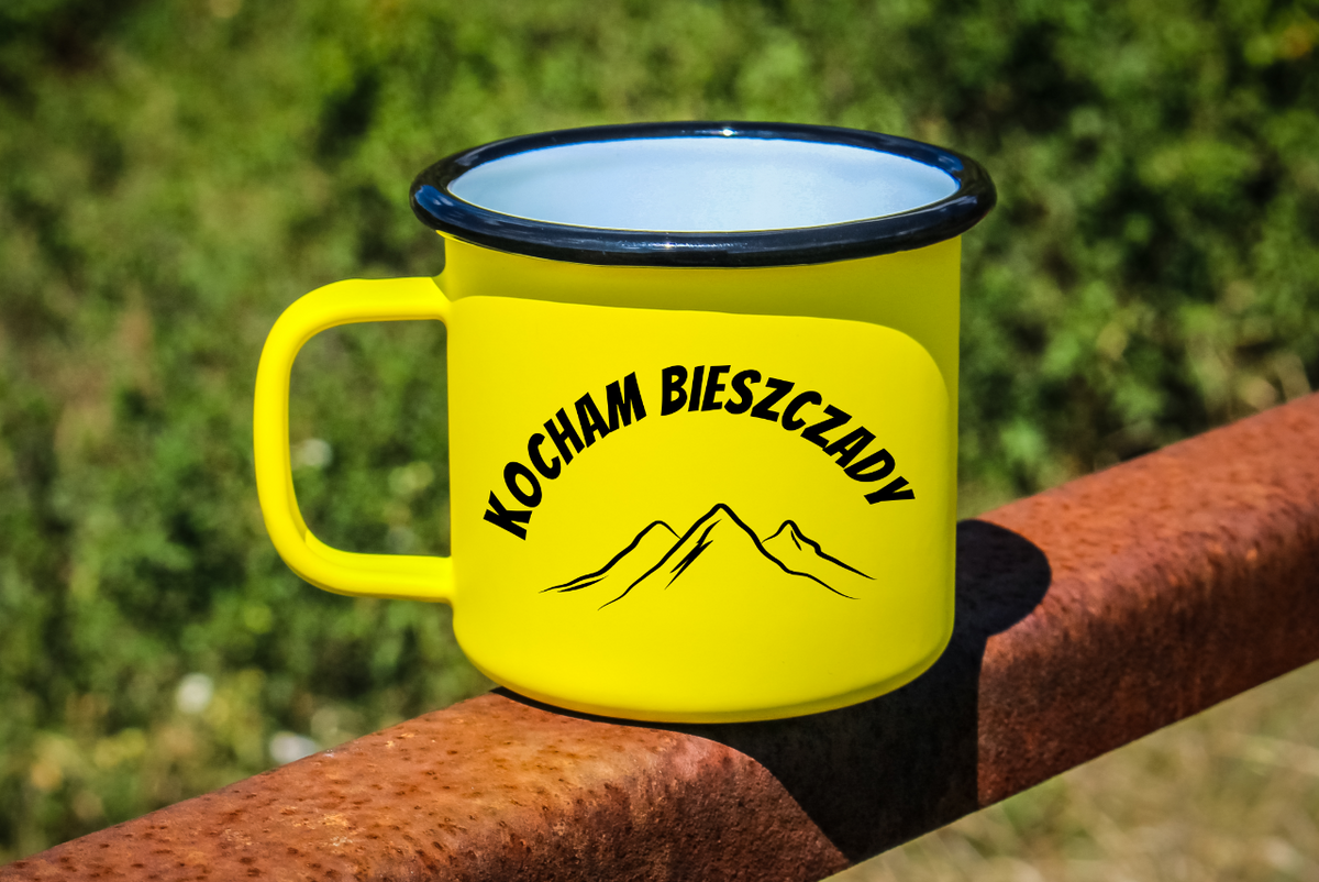 Kubek emaliowany żółty z nadrukiem "Kocham Bieszczady" - góry #2