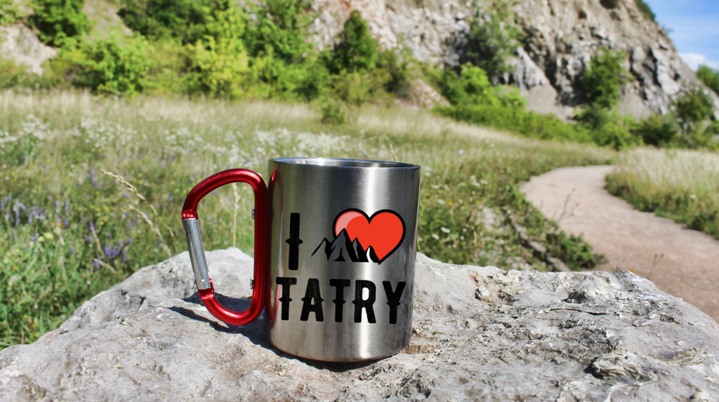 Kubek srebrny 300 ml z czerwonym karabińczykiem i nadrukiem „I love Tatry” - góry #10