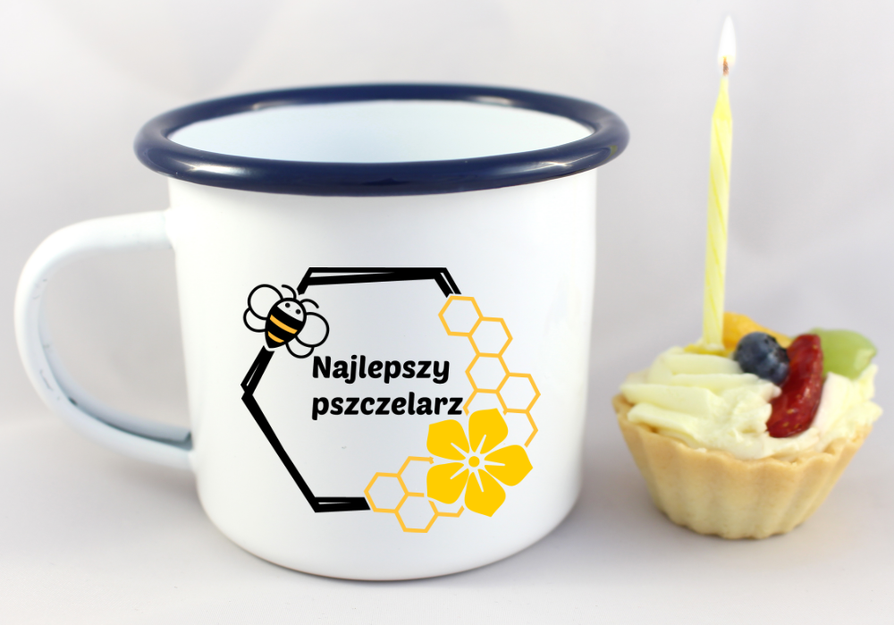 Kubek emaliowany biały z nadrukiem „Najlepszy pszczelarz” – pszczelarstwo #12