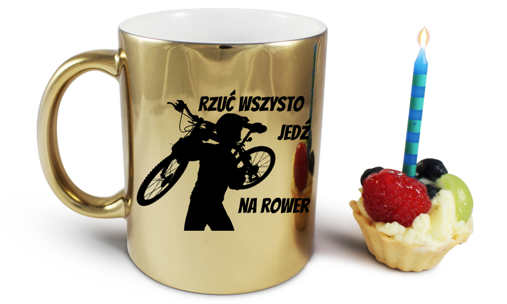 Kubek złoty z nadrukiem „Rzuć wszystko, jedź na rower” – dla rowerzystów #1
