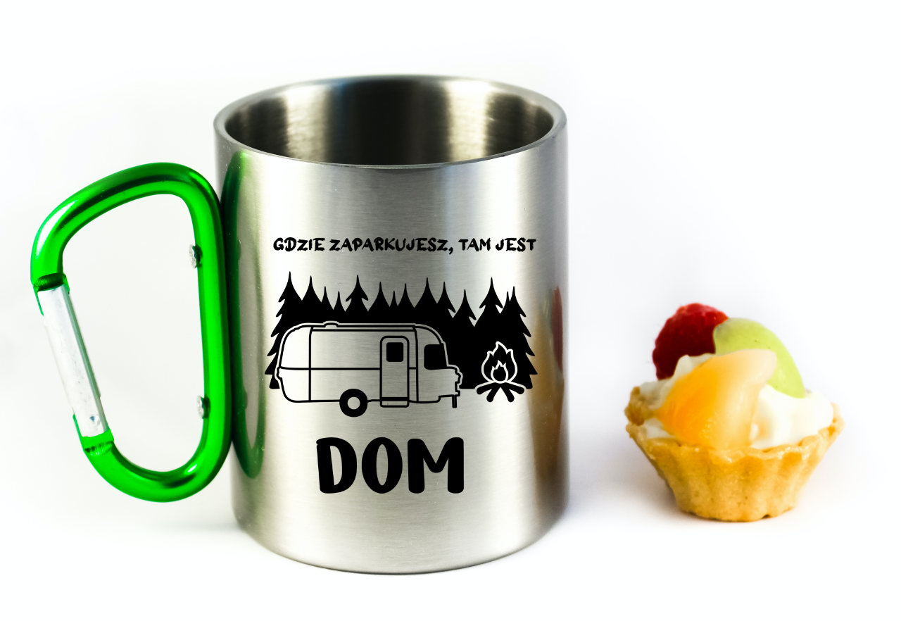 Kubek z zielonym karabińczykiem i nadrukiem "Gdzie zaparkujesz, tam jest dom" - camper, camping #5