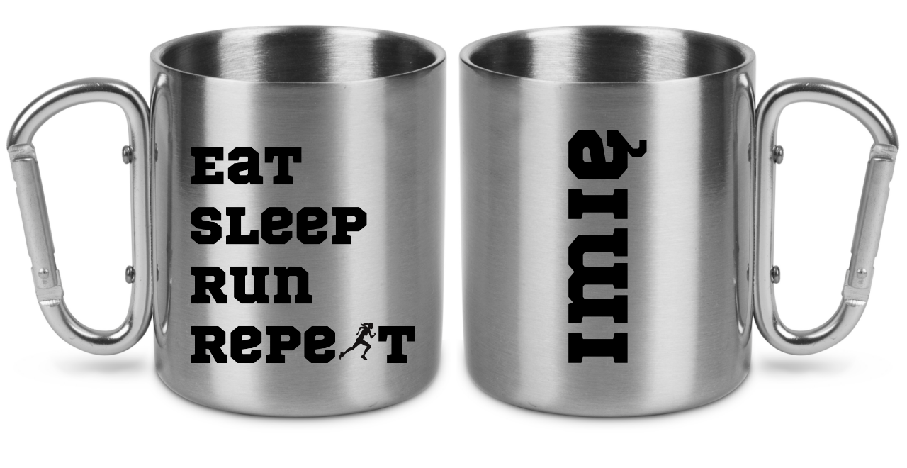 Kubek ze srebrnym karabińczykiem – z nadrukiem "Eat Sleep Run Repeat" – dla pani, bieganie #10