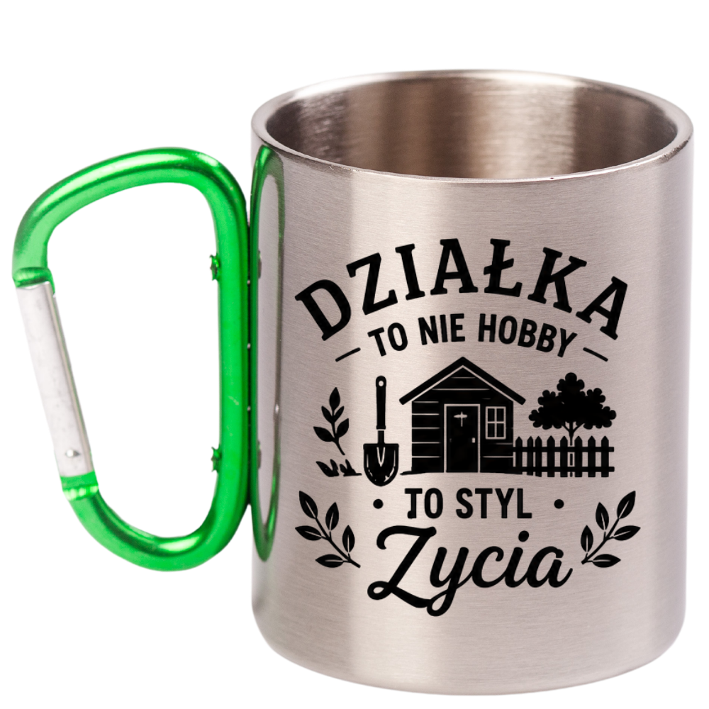 Kubek z zielonym karabińczykiem z nadrukiem „Działka to nie hobby, to styl życia” – działka, ogród #4