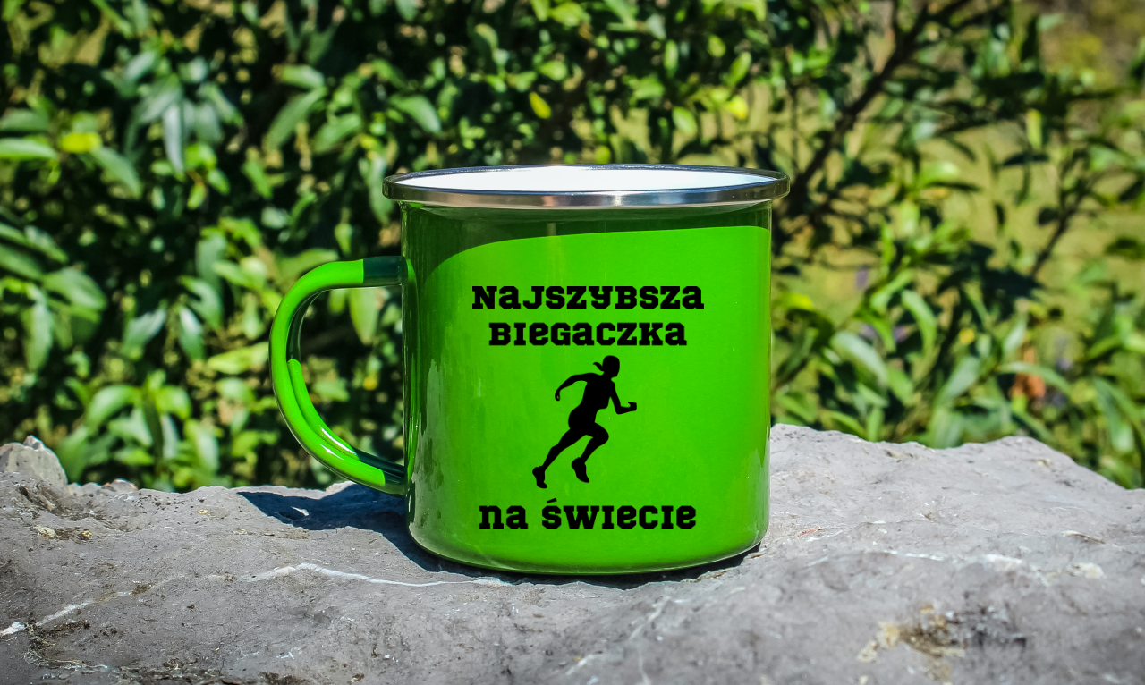 Kubek emaliowany zielony z nadrukiem "Najszybsza Biegaczka na Świecie" – bieganie #3