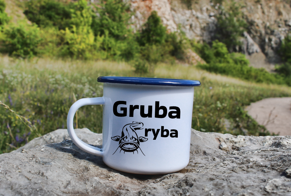 Kubek emaliowany biały z nadrukiem "Gruba ryba" #12