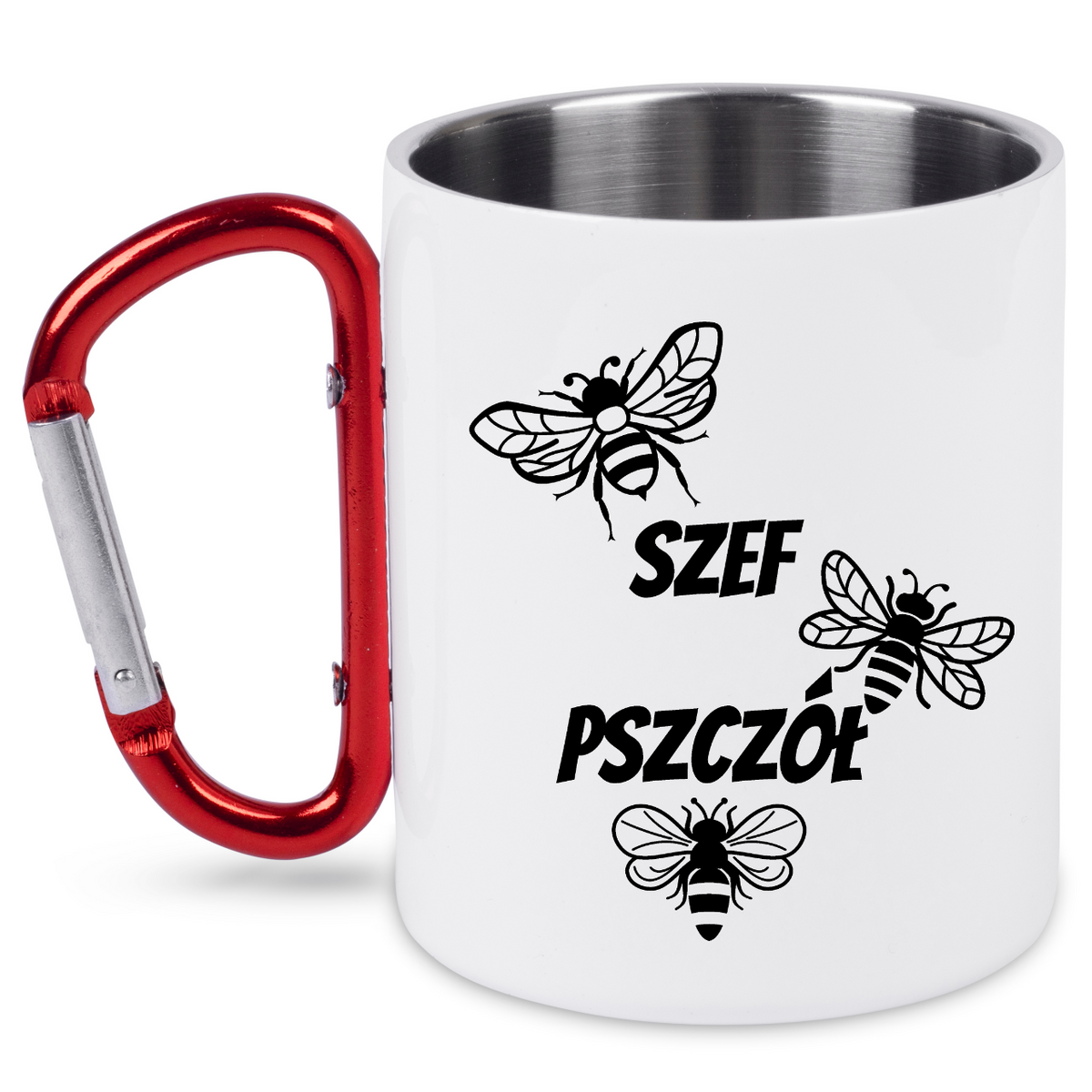 Kubek biały z czerwonym karabińczykiem i nadrukiem „Szef pszczół” – pszczelarstwo #3