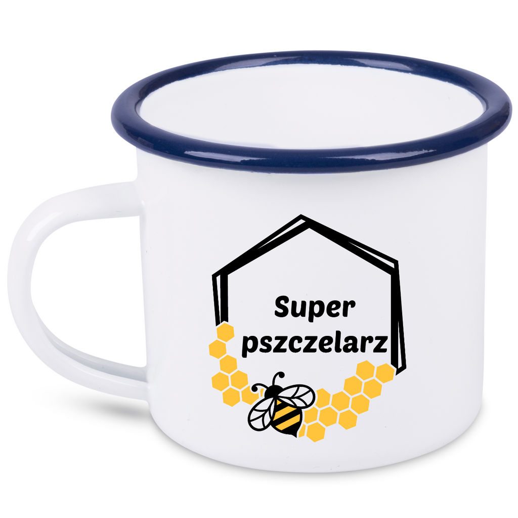 Kubek emaliowany biały z nadrukiem „Super pszczelarza” – pszczelarstwo #11