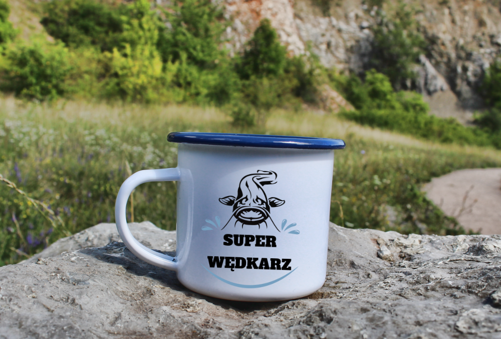 Kubek emaliowany biały z nadrukiem "Super wędkarz" #9