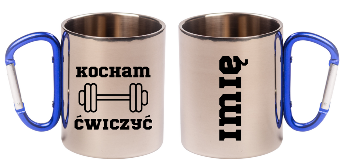 Kubek z niebieskim karabińczykiem i nadrukiem „Kocham Ćwiczyć” – siłownia #2