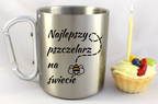 Kubek metalowy ze srebrnym karabińczykiem z nadrukiem „Najlepszy pszczelarz na świecie” – pszczelarstwo #5