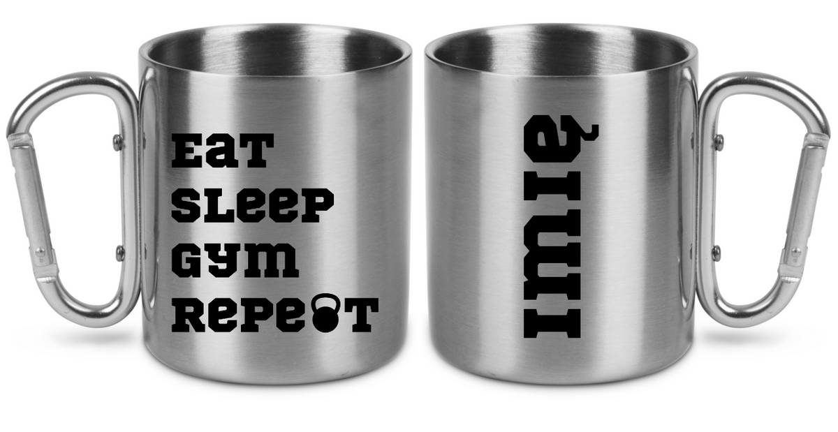 Kubek metalowy srebrny z karabińczykiem i nadrukiem "Eat Sleep Gym Repeat" – na siłownię #6