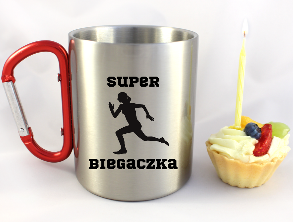 Kubek z czerwonym karabińczykiem – nadruk "Super Biegaczka" – bieganie #8