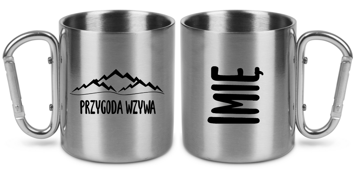 Kubek ze srebrnym karabińczykiem z nadrukiem „Przygoda wzywa” – travel, podróż #9