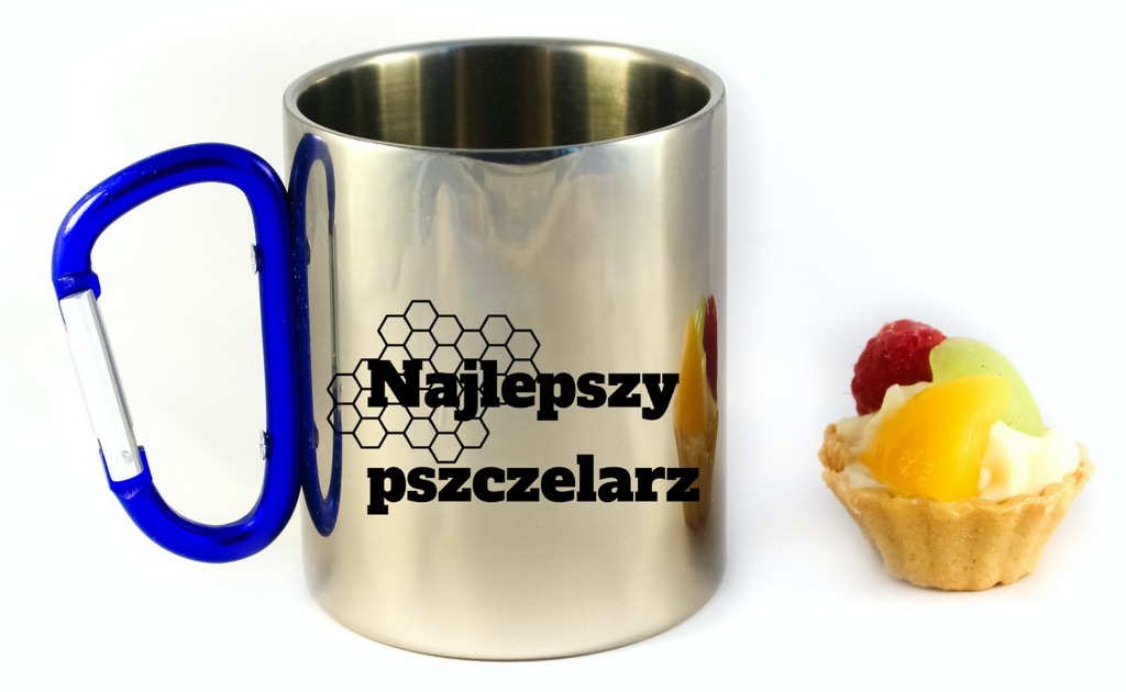 Kubek z niebieskim uchem karabińczykiem z nadrukiem "Najlepszy pszczelarz" #4