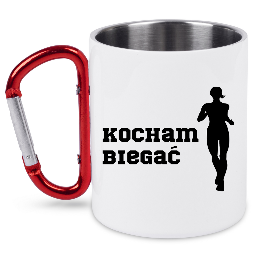 Kubek biały z czerwonym karabińczykiem dla biegaczki – nadruk "Kocham Biegać" #4