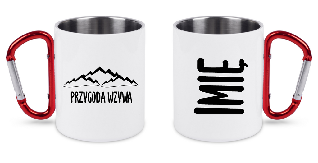 Kubek biały z czerwonym karabińczykiem, nadruk „Przygoda wzywa” – podróż, travel #9