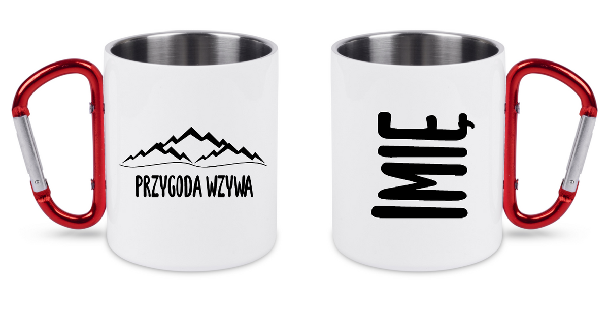 Kubek biały z czerwonym karabińczykiem, nadruk „Przygoda wzywa” – podróż, travel #9