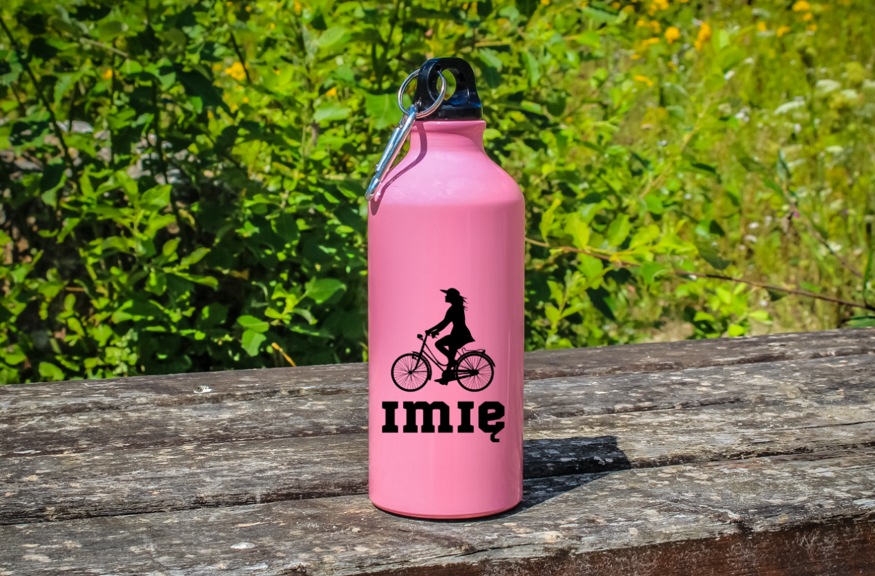 Butelka różowa 600 ml z grafiką roweru oraz imieniem do wyboru - dla rowerzystki #6