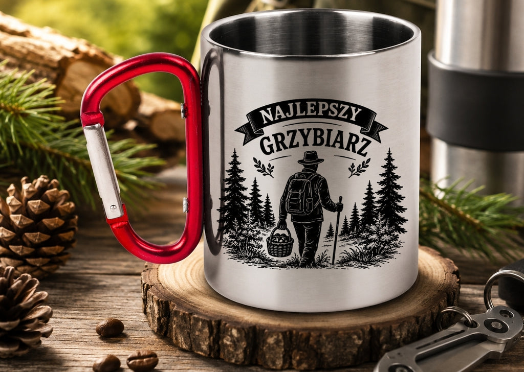 Kubek z czerwonym karabińczykiem „Najlepszy Grzybiarz” – na grzybobranie #4