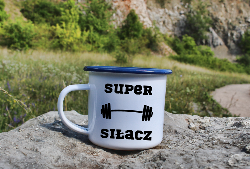 Kubek emaliowany biały z nadrukiem „Super Siłacz” – siłownia #3