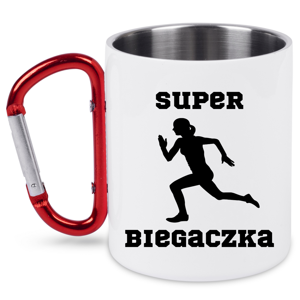 Kubek biały z czerwonym karabińczykiem z nadrukiem "Super Biegaczka" – bieganie #8