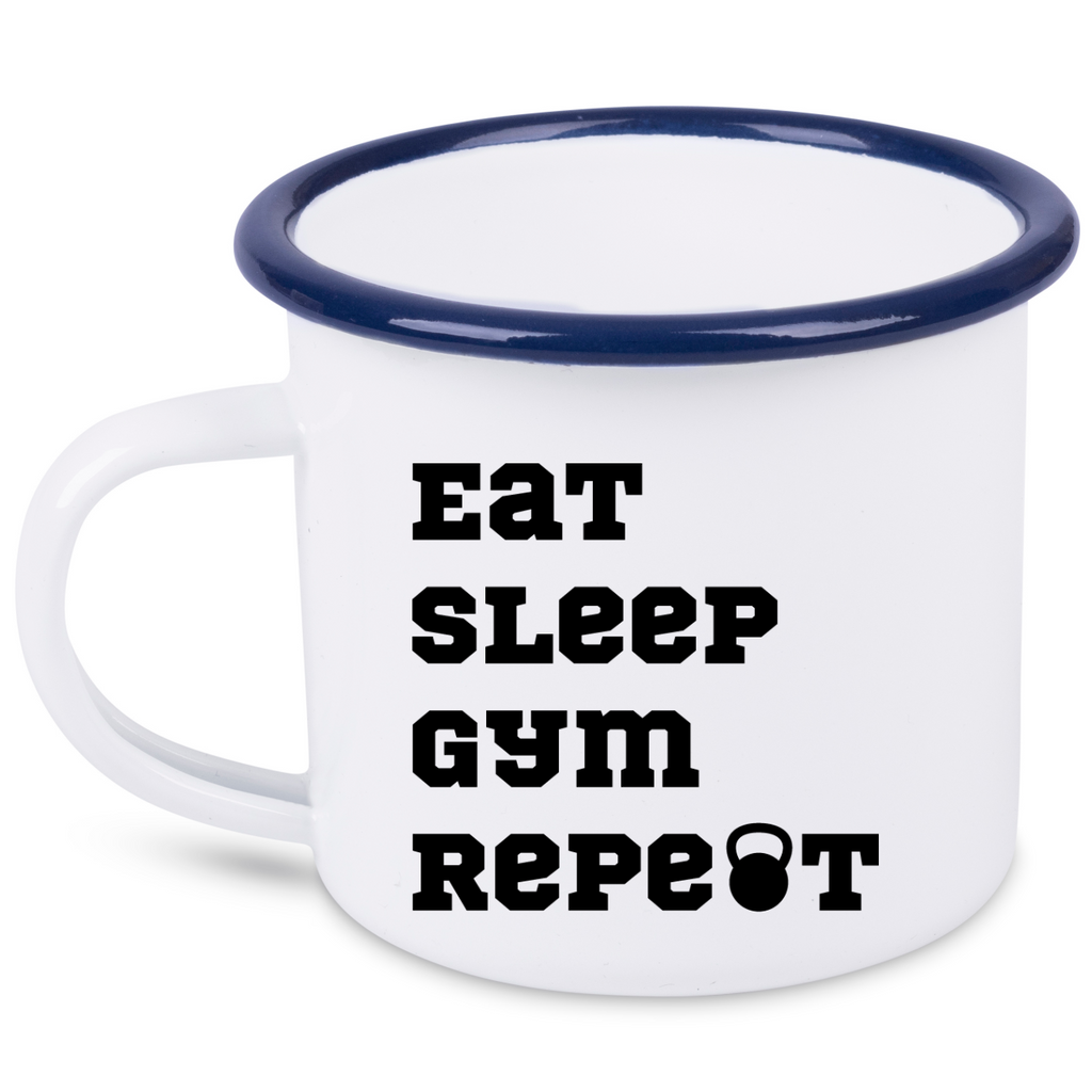 Kubek emaliowany biały z nadrukiem "Eat Sleep Gym Repeat" – siłownia #6