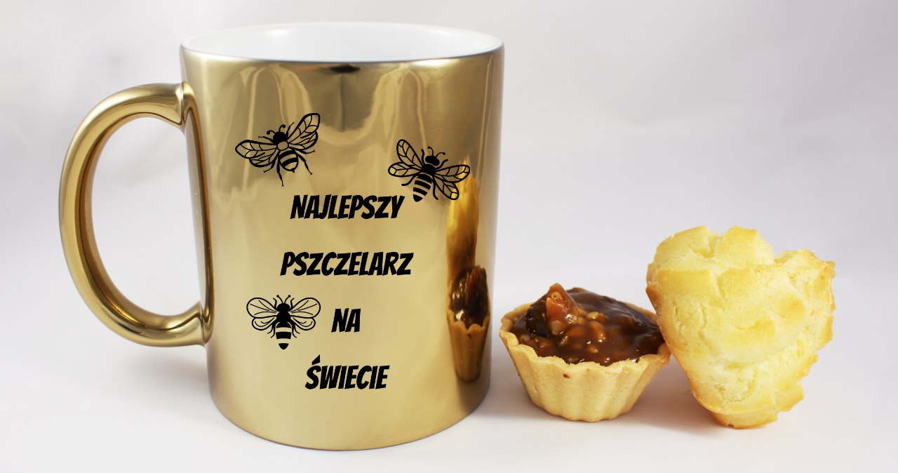 Kubek złoty z nadrukiem "Najlepszy pszczelarz na świecie" - pszczelarstwo #1