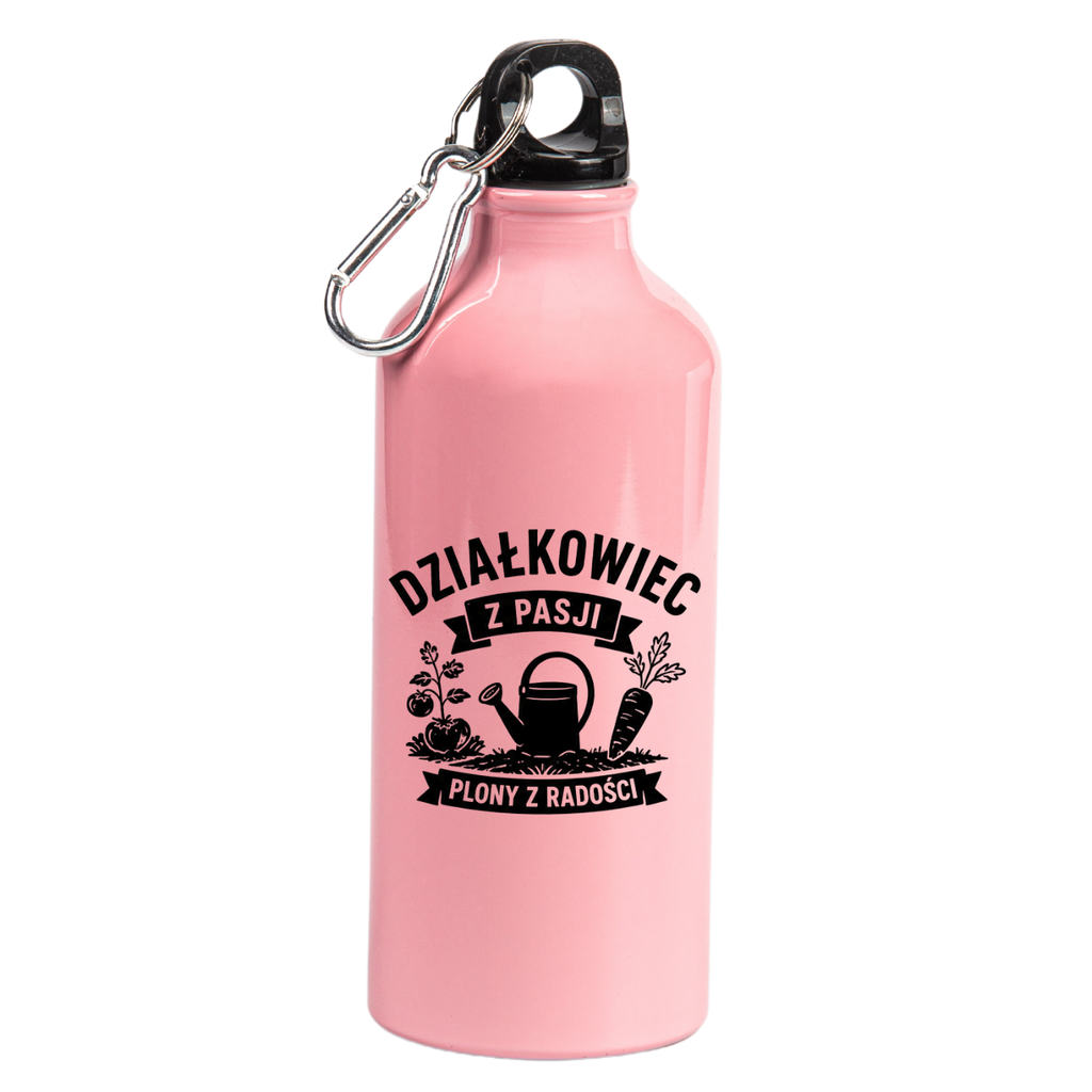 Butelka różowa 600 ml z nadrukiem "Działkowiec z pasji, plony z radości" - do ogrodu #1