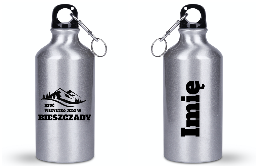Butelka srebrna 400 ml z nadrukiem „Rzuć wszystko, jedź w Bieszczady” – góry #2