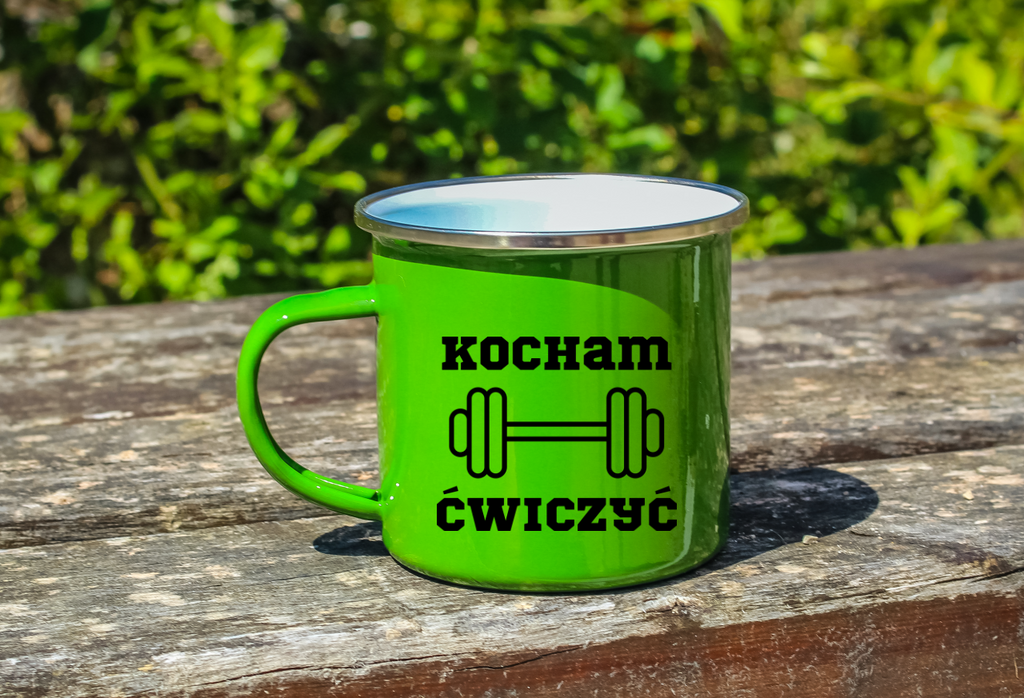 Kubek emaliowany zielony z nadrukiem „Kocham Ćwiczyć” – na siłownię #2