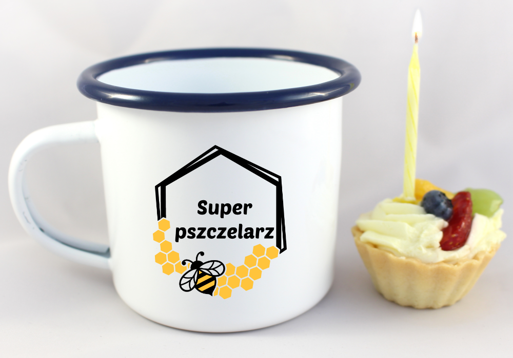 Kubek emaliowany biały z nadrukiem „Super pszczelarza” – pszczelarstwo #11