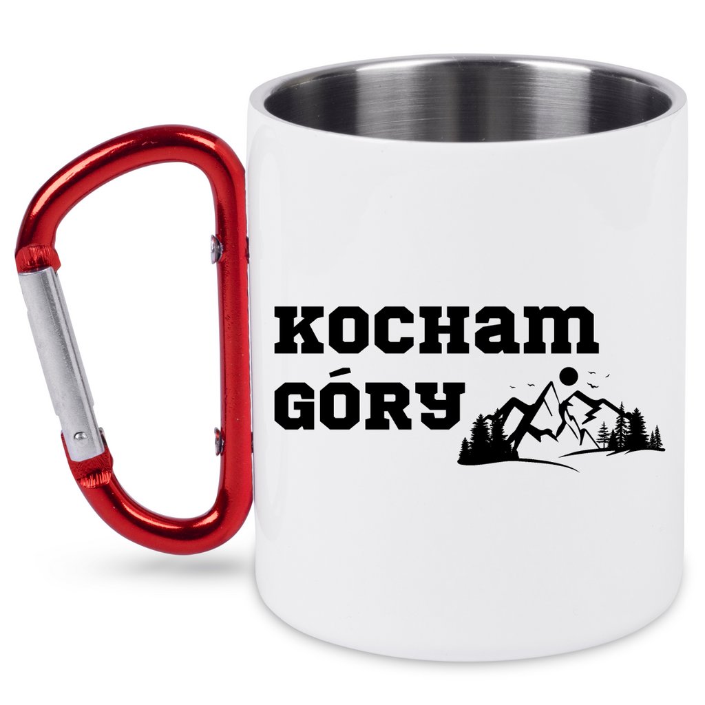 Kubek biały z czerwonym karabińczykiem z nadrukiem „Kocham Góry” – trekking #7