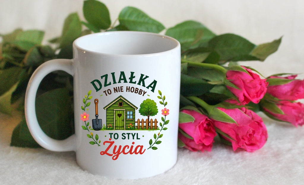 Kubek biały z nadrukiem „Działka to nie hobby, to styl życia” – ogród, działka #2