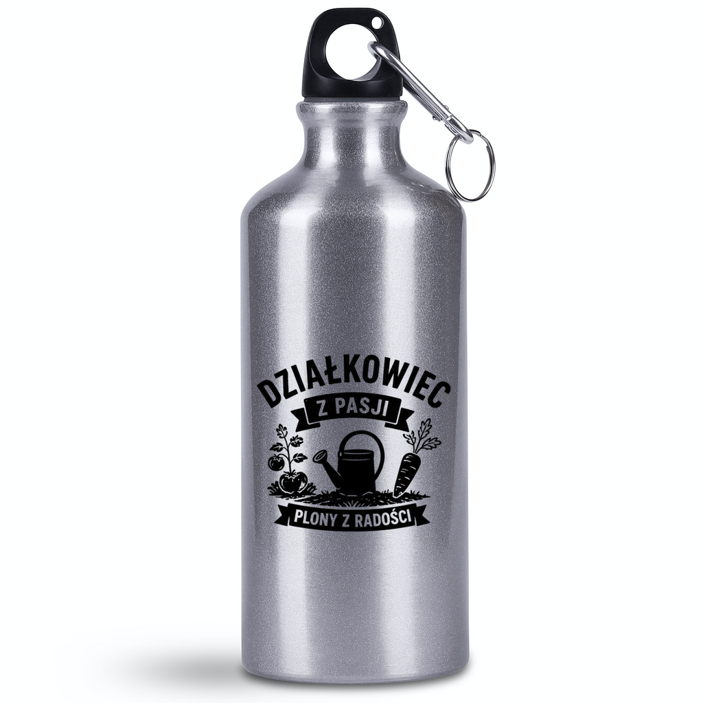 Bidon srebrny 500 ml z nadrukiem "Działkowiec z pasji, plony z radości" - działka, ogród #1