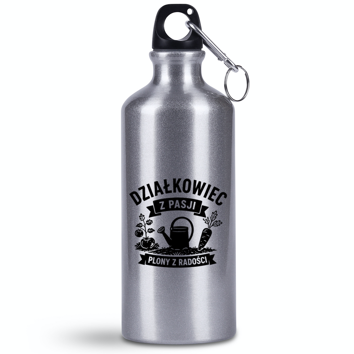 Bidon srebrny 500 ml z nadrukiem "Działkowiec z pasji, plony z radości" - działka, ogród #1