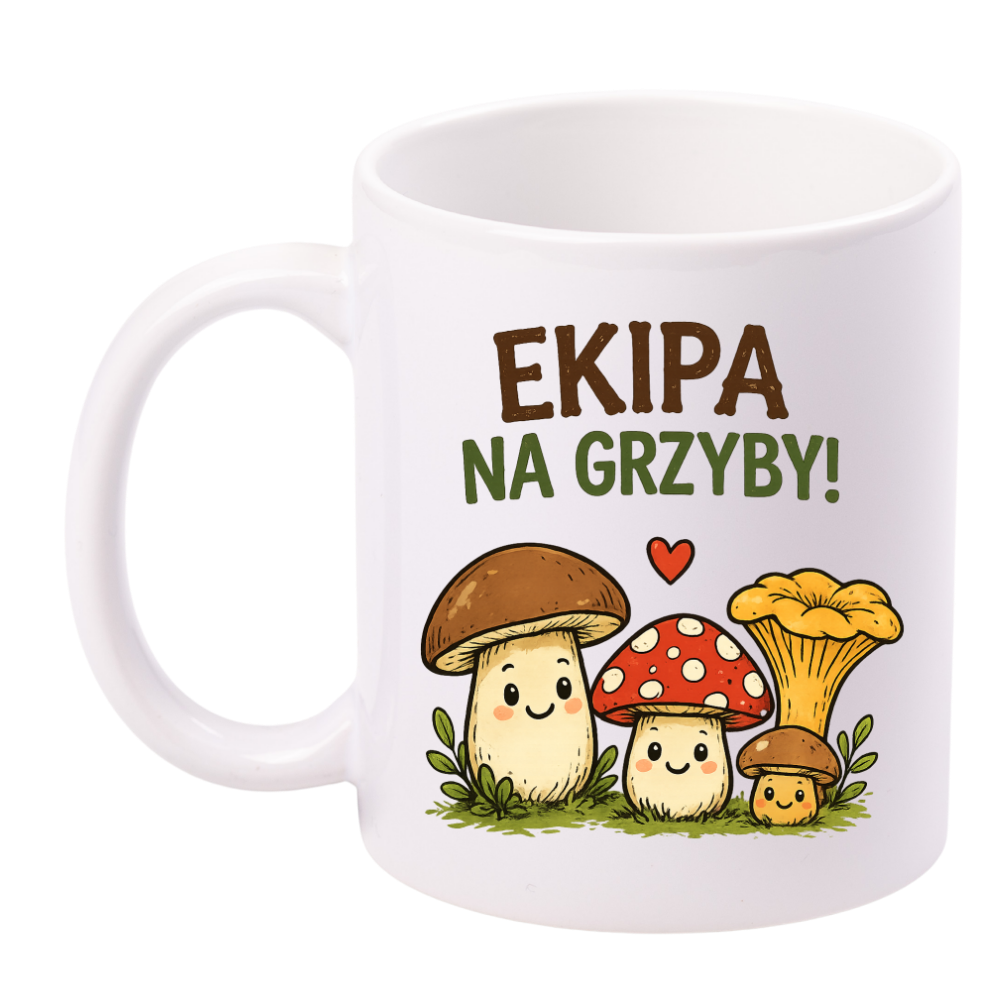 Kubek biały z nadrukiem „Ekipa na grzyby” i grafiką grzybów #11