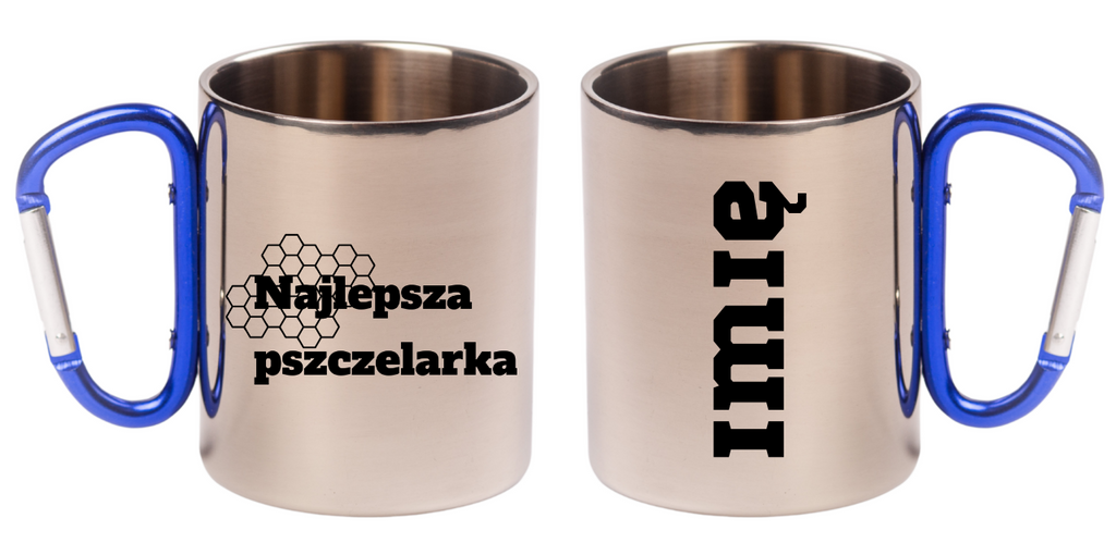 Kubek z niebieskim uchem karabińczykiem z nadrukiem "Najlepsza pszczelarka" #3