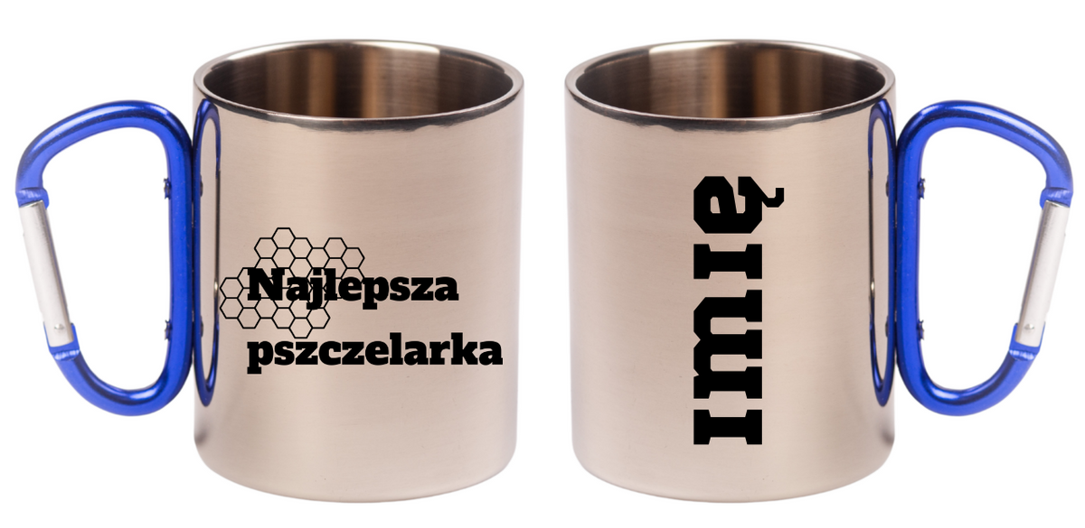 Kubek z niebieskim uchem karabińczykiem z nadrukiem "Najlepsza pszczelarka" #3