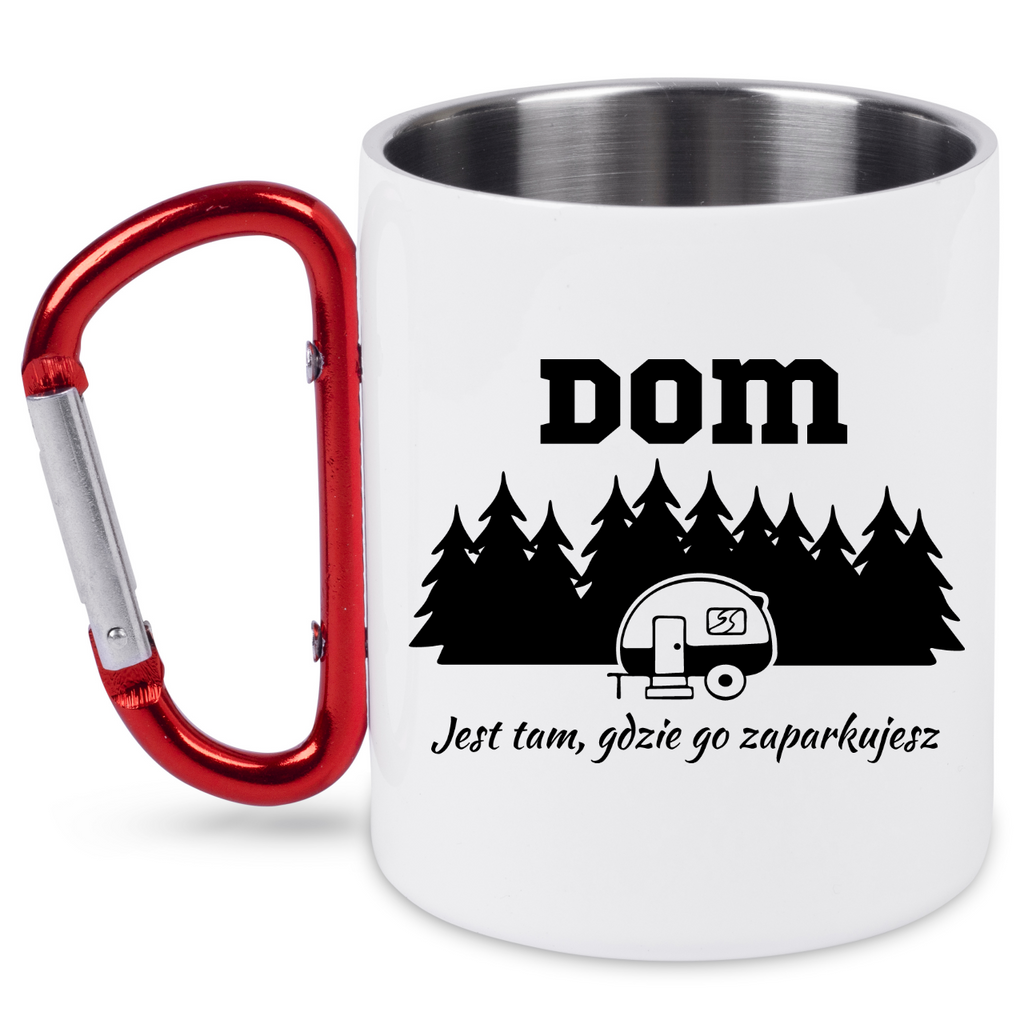Kubek biały z czerwonym karabińczykiem z nadrukiem „Dom jest tam, gdzie go zaparkujesz” – trekking, camper #6