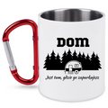 Kubek biały z czerwonym karabińczykiem z nadrukiem „Dom jest tam, gdzie go zaparkujesz” – trekking, camper #6