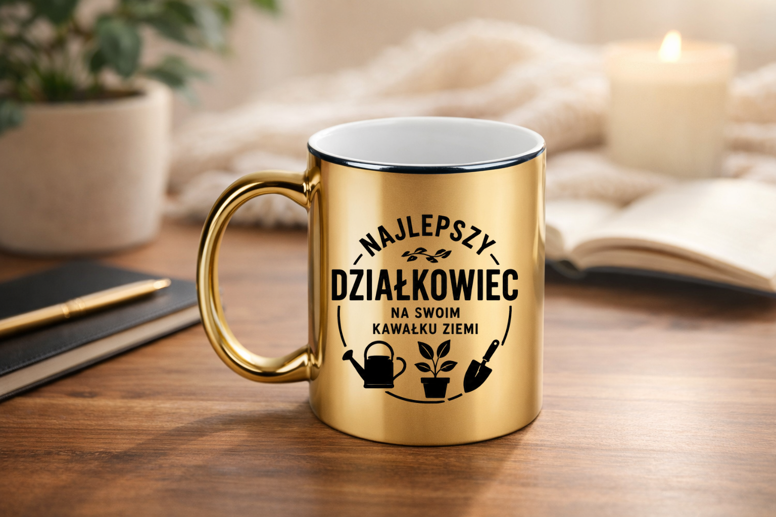 Kubek złoty z nadrukiem „Najlepszy działkowiec na swoim kawałku ziemi” – działka, ogród #5