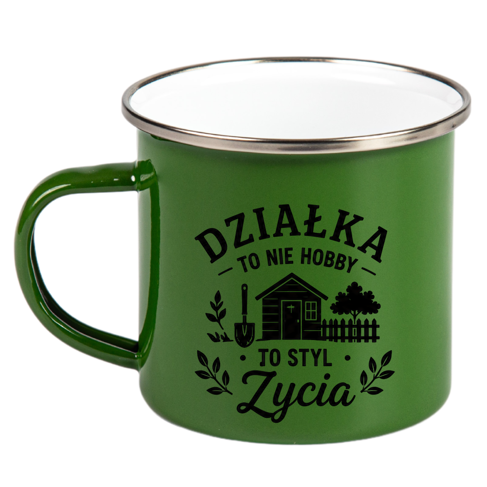 Kubek emaliowany zielony z nadrukiem "Działka to nie hobby, to styl życia" - działka, ogród #4